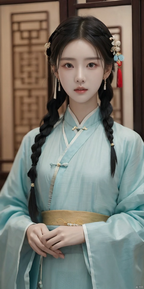 duling, 1girl, solo, black hair, realistic, jewelry, earrings, braid, long hair, hair ornament, looking at viewer, chinese clothes, upper body, black eyes, blurry, twin braids