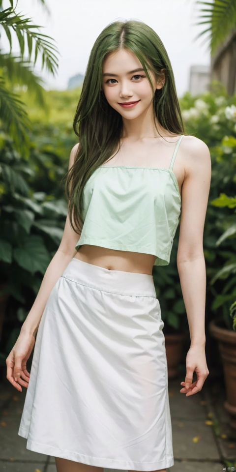  best quality, masterpiece, realistic,full_body,(Good structure), DSLR Quality,Depth of field,kind smile,looking_at_viewer,Dynamic pose, 
1girl, solo, long hair, looking at viewer, smile, skirt, flower, green hair, crop top, white skirt, plant, green shirt, tube top, , nike