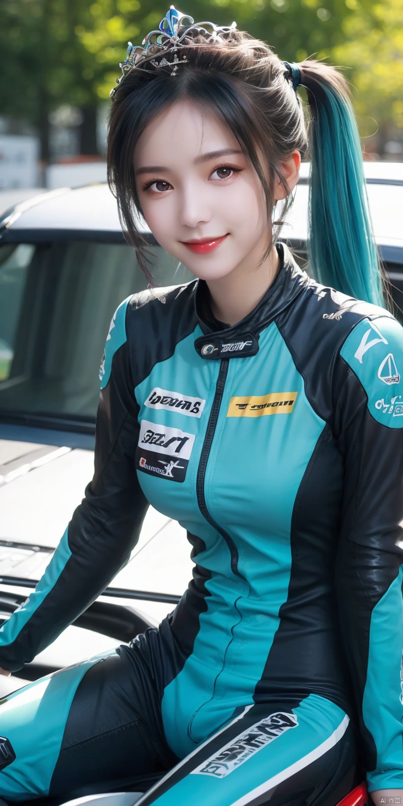  best quality, masterpiece, realistic,cowboy_shot,(Good structure), DSLR Quality,Depth of field,kind smile,looking_at_viewer,Dynamic pose, 
1girl, , solo, best quality, gradient background, vehicle focus, sitting, aqua eyes, very long hair, aqua hair, twintails, breasts, bodysuit, ground vehicle, car, crown, motorcycle, race queen, xiaowu