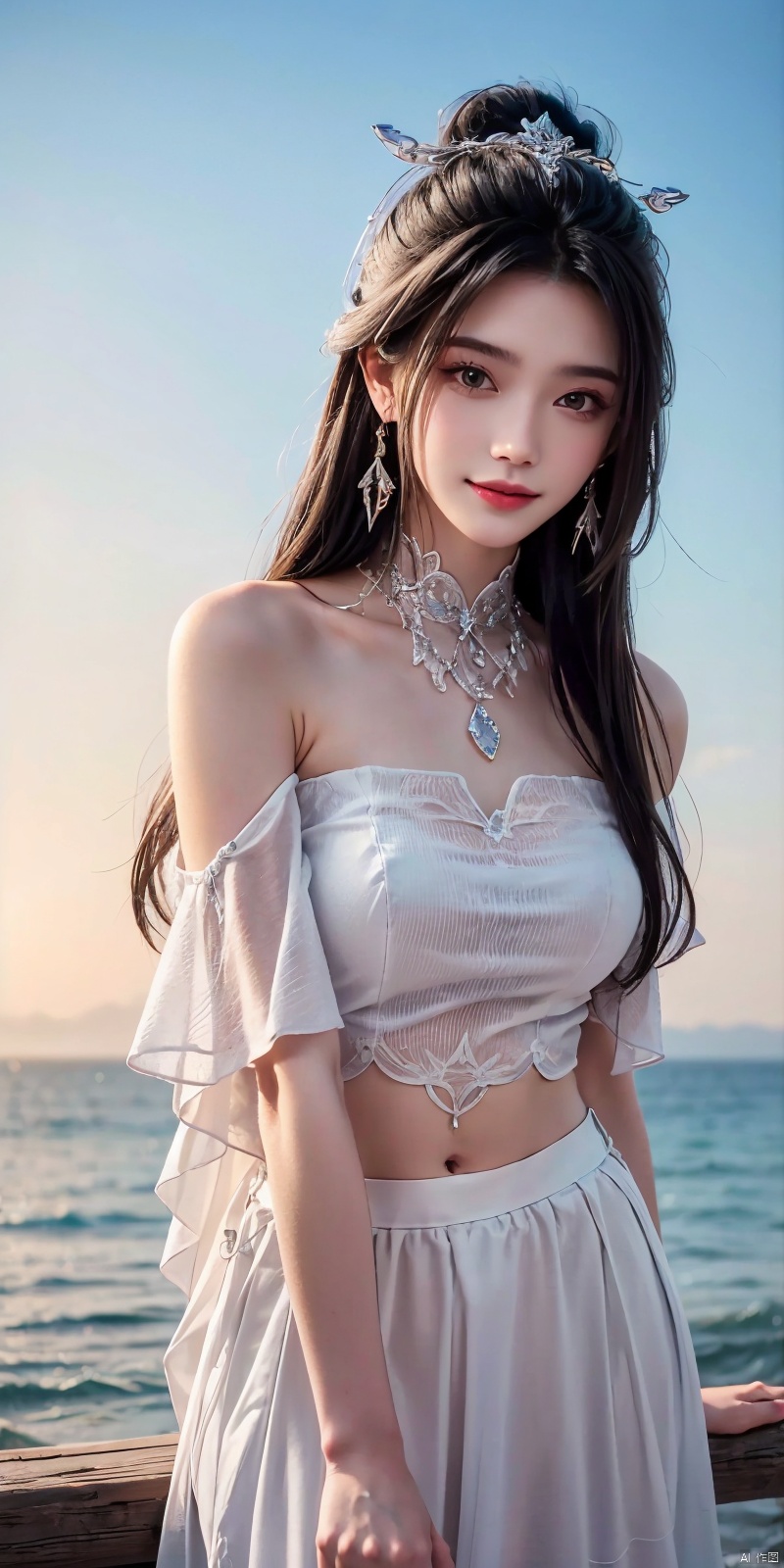  (Good structure),cowboy_shot, DSLR Quality,Depth of field ,looking_at_viewer,Dynamic pose, , kind smile,,
1girl, solo, long hair, , looking at viewer, skirt, hair ornament, bare shoulders, jewelry, , black hair, earrings, outdoors, midriff, water, necklace, lips, crop top, grey eyes, leaning forward, ocean, white skirt, strapless vest, sunset, sun, , luxueqi