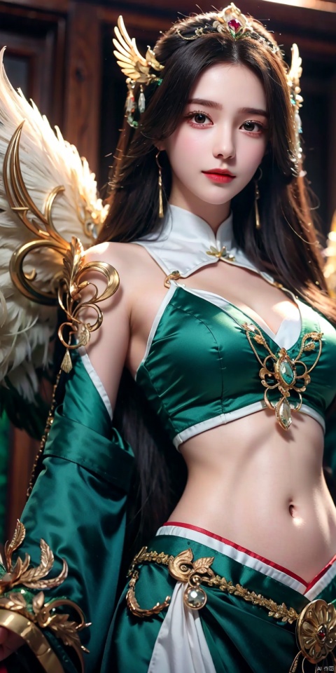  Good structure), DSLR Quality,Depth of field,kind smile,looking_at_viewer,Dynamic pose,,1girl, solo, long hair, breasts, looking at viewer, hair ornament, navel, cleavage, jewelry, medium breasts, standing, , wings, nail polish, feathered wings,liushen



,moyou, liushen, ((poakl))