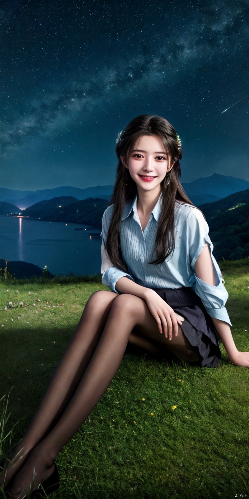  best quality, masterpiece, ,(Good structure), DSLR Quality,Depth of field,kind smile,looking_at_viewer,Dynamic pose, realistic ,
On the mountaintop, you can see the starry sky, and a beautiful girl is sitting on the grass. It is a masterpiece of a master, with stunning beauty, eye close-up, natural beauty, long legs, and short skirt, ,blackpantyhose,  , limuwan