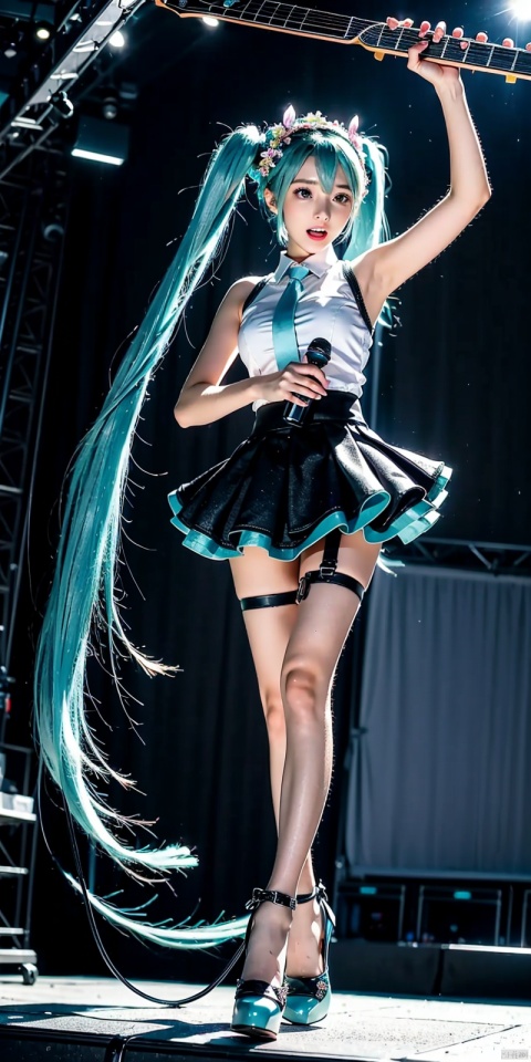 (Good structure),ps \(medium \), 1 girl, high quality, best quality, Hatsune Miku, blue hair, breasts, long hair, , (, flower, gilt decoration, high heels, floral headdress), (Singing, microphone, holding microphone in both hands,), (stage, large outdoor stage, dim, Spotlight, breeze, fluttering hair), night, , , pose, (playing electricity guitar:1.4), 
, Hatsune Miku, long hair, looking at the audience, tie, open mouth, pleated skirt, shirt, skirt, sleeveless, sleeveless shirt, solo, speech bubble, thigh high heels, , very long hair, 
,chuyinweilai,twintails,aqua hair, 1girl, ((poakl))
