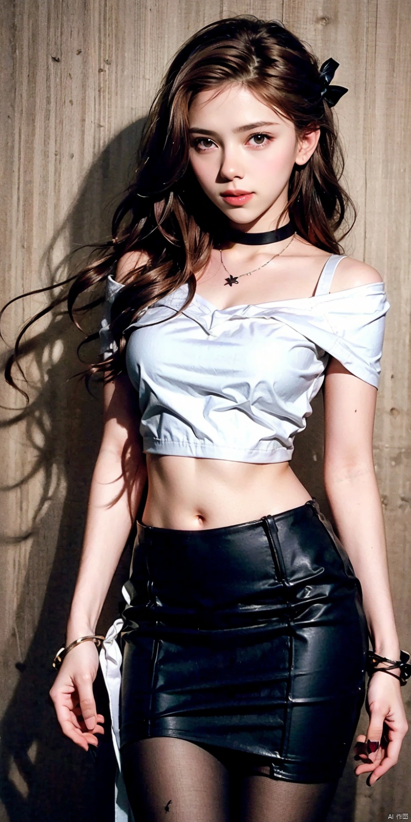 nai3, 1girl, shorts, solo, crop top, choker, pencil skirt, skirt, , navel, shirt, midriff, crop top overhang, looking at viewer, white shirt, jewelry, breasts, cowboy shot, bare shoulders,  off-shoulder shirt, off shoulder, black choker, thighs, stomach, hand on own thigh, long hair, bracelet, short sleeves, ribbon, hand up, collarbone, hair ribbon, medium breasts, standing, , , bra strap, kind smile, hair ornament, thigh gap, bangs, necklace, expressionless,, , heiguafu,brown-hair, blackpantyhose