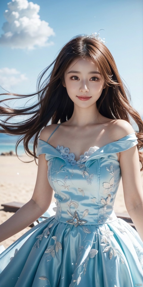  best quality, masterpiece, cowboy_shot,(Good structure), DSLR Quality,Depth of field,kind smile,looking_at_viewer,Dynamic pose, 
, Blue sky and white clouds on the beach,Masterpiece, (ultra wide angle lens: 1.2), Unity8k wallpaper, best quality, (detail shadow: 1.1), a beautiful girl, on a sea of light blue silk, translucent silk, floating light blue silk, surrealist style, minimalism, highly detailed texture, light blue, white clean background, CG rendering, light passing through clouds, 8k resolution, (motion photo: 1.2), (Fidelity: 1.4), original photos, movie lighting, 1girl,, ,,kind smile, , weddingdress, , linxinru