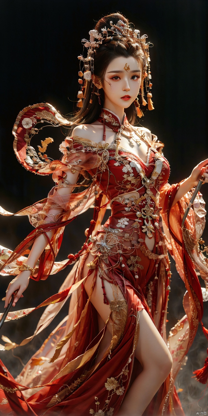  cowboy_shot,(Good structure), DSLR Quality,Depth of field,kind smile,looking_at_viewer,Dynamic po,masterpiece, official art, extremely detailed cg unity 8k wallpaper, highly detailed, absurdres, 8k resolution, 1girl, long hair, solo, black hair, dress, holding, fire, white dress, staff, barefoot, jewelry, dark skin, long dress, breasts, weapon, polearm, holding staff, bracelet, looking at viewer, dark-skinned female, standing, torn clothes, blood, spear, holding weapon, medium breasts, floating hair, closed mouth, embers, holding polearm , depth of field, panorama, cinematic lighting, ray tracing, ((poakl)), chineseclothes, hanikezi