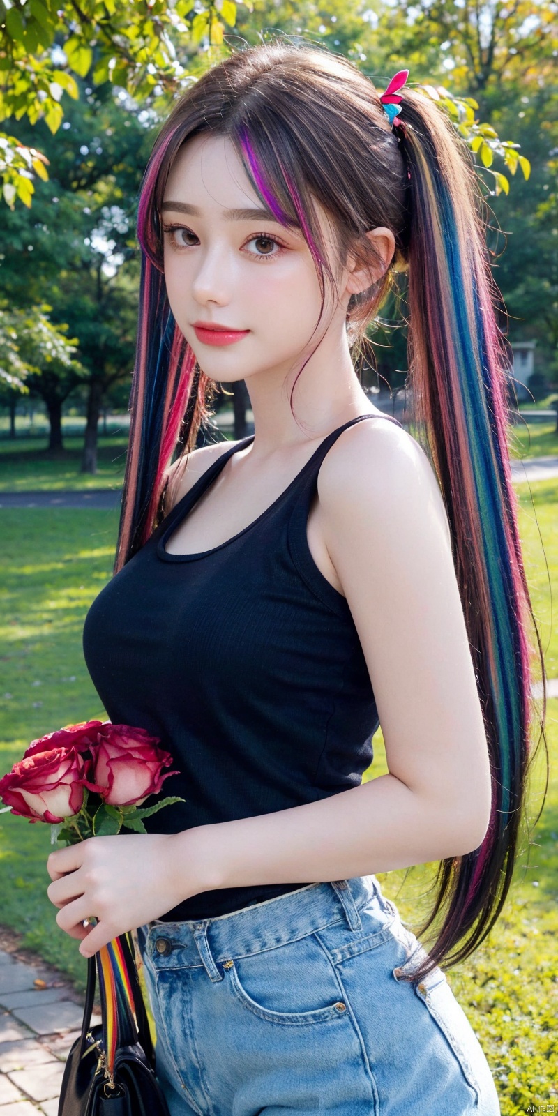  cowboy shot,(Good structure), DSLR Quality,Depth of field,kind smile,looking_at_viewer,Dynamic pose,、Butterfly Fairy、Metamorphosis、Bouquet of blue roses（The gesture of presenting a bouquet、Holding a bouquet of flowers in your hands）、Morning park、、、 (8K, Photorealistic, Raw photo, Best Quality: 1.4), Beautiful face, (Realistic face), Beautiful detailed eyes, (Realistic skin), Attractive, Intricate details,Golden ratio, 1 girl,Naughty smile, (rainbow hair:1.4),((Long twintails,Ribbon 1.4)),,(Blue Butterfly Hair Ornament 1.3),
,Dynamic Pose,Dynamic Angle,Intricate details, Hyper realistic、Face enhancement、、Autumn Park、the morning sun、、rainbows, , ((poakl)), tasha,Short top, sleeveless, short skirt
, 1girl