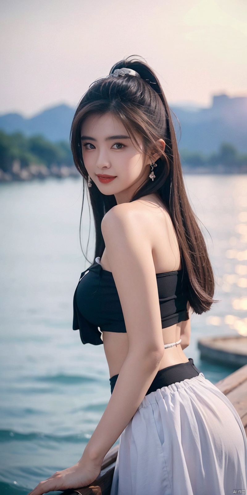  (Good structure),cowboy_shot, DSLR Quality,Depth of field ,looking_at_viewer,Dynamic pose, , kind smile,,
1girl, solo, long hair, , looking at viewer, skirt, hair ornament, bare shoulders, jewelry, , black hair, earrings, outdoors, midriff, water, necklace, lips, crop top, grey eyes, leaning forward, ocean, white skirt, strapless vest, sunset, sun, wangzuxian, molika