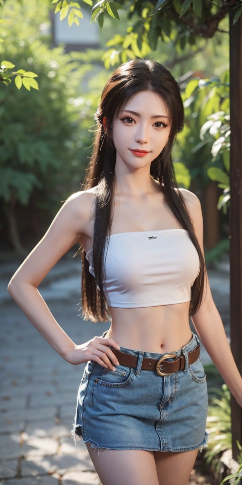  best quality, masterpiece, cowboy_shot,(Good structure), DSLR Quality,Depth of field,kind smile,looking_at_viewer,Dynamic pose,
 1girl, 3d, bare_shoulders, belt, blurry, blurry_background, blurry_foreground, branch, , , , collarbone, cosplay_photo, denim, denim_skirt, depth_of_field, , lips, long_hair, looking_at_viewer, midriff, miniskirt, motion_blur, navel, outdoors, photo_\(medium\), realistic, skirt, solo, standing, tree, , , , , nangongwan