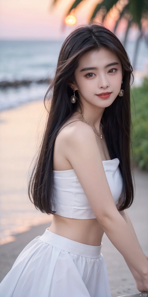  (Good structure),cowboy_shot, DSLR Quality,Depth of field ,looking_at_viewer,Dynamic pose, , kind smile,,
1girl, solo, long hair, , looking at viewer, skirt, hair ornament, bare shoulders, jewelry, , black hair, earrings, outdoors, midriff, water, necklace, lips, crop top, grey eyes, leaning forward, ocean, white skirt, strapless vest, sunset, sun, wangzuxian, molika