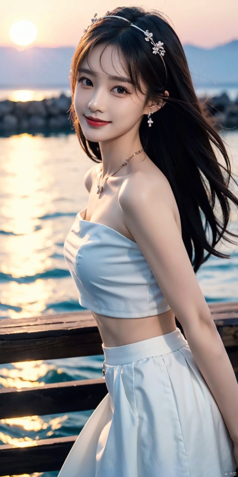  (Good structure),cowboy_shot, DSLR Quality,Depth of field ,looking_at_viewer,Dynamic pose, , kind smile,,
1girl, solo, long hair, , looking at viewer, skirt, hair ornament, bare shoulders, jewelry, , black hair, earrings, outdoors, midriff, water, necklace, lips, crop top, grey eyes, leaning forward, ocean, white skirt, strapless vest, sunset, sun, , , litongqin