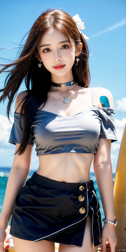  cowboy_shot,(Good structure), DSLR Quality,Short skirt,Blue sky, white clouds, ocean,((Surf)), nai3, 1girl, solo, crop top, , choker, navel, shirt, midriff, crop top overhang, looking at viewer, white shirt, jewelry, breasts, bare shoulders, off-shoulder shirt, off shoulder, black choker, thighs, stomach, long hair, bracelet, short sleeves, ribbon, hand up, collarbone, hair ribbon, medium breasts, , bra strap, , hair ornament, thigh gap, necklace, expressionless, , ,kind smile, ,, nazha