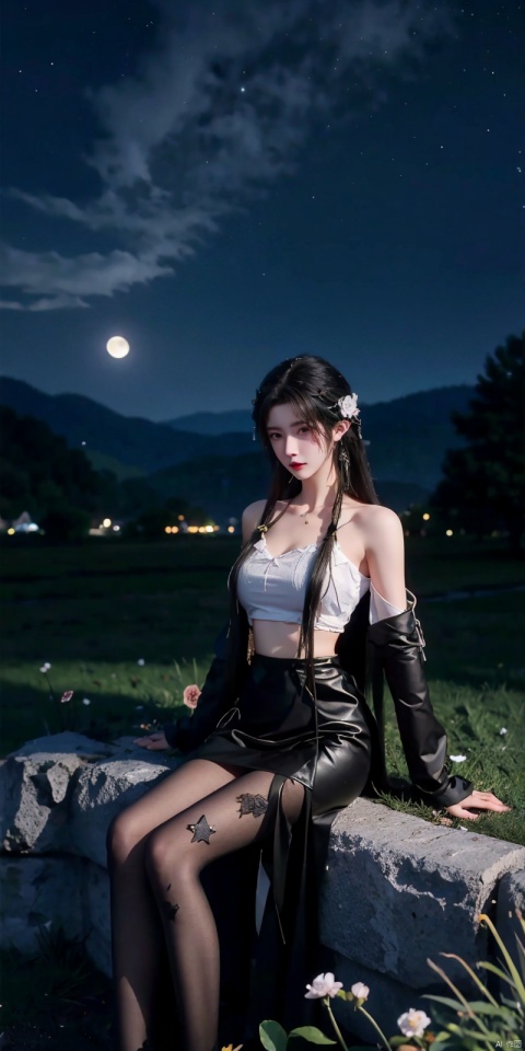   (Good structure),cowboy_shot,Girl in the Flower Field of Lycoris. Sitting in a clearing. 
Long elaborate hairstyle with loose hair and braids, Beautiful hair clips. Burgundy lipstick.
Long fluffy black and burgundy luxury dress,crop top , Elegant clothes. 
 Lycoris petals fly in the wind. 
Esthetics. Good Quality. 
Night., more_details, , starrystarscloudcolorful, moon, night, moonlight, beautiful starry sky,qingyi, blackpantyhose