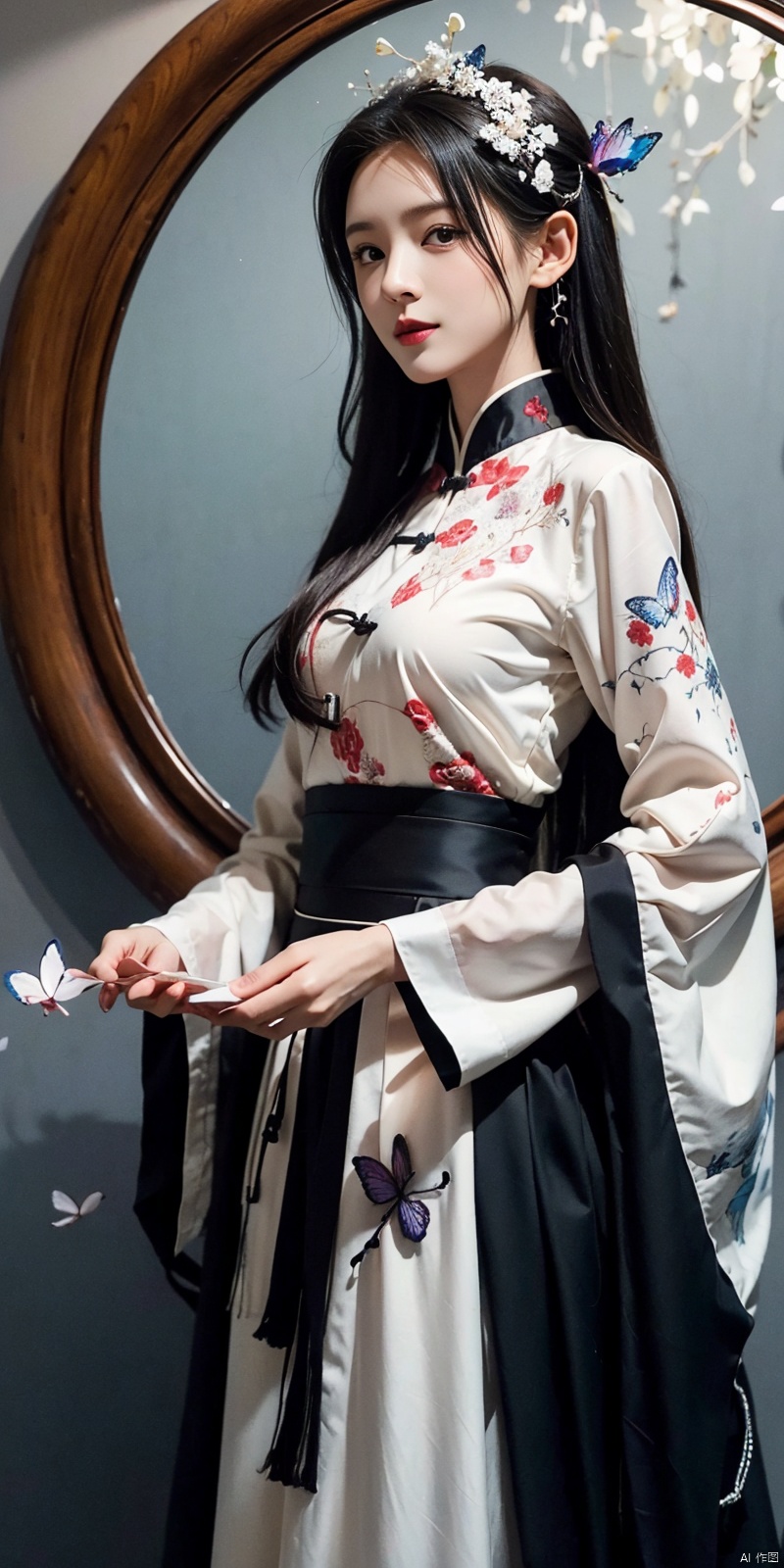  best quality, masterpiece, (cowboy_shot),(Good structure), DSLR Quality,Depth of field,kind smile,looking_at_viewer,Dynamic pose, line art,line style,as style,best quality,masterpiece, The image features a beautiful anime-style illustration of a young woman. She has long black hair and is dressed in a traditional Chinese outfit. The outfit consists of a white top with blue and purple accents, a long skirt, and a butterfly-shaped mirror in her hand. She stands against a backdrop of a clear blue sky and a body of water, with butterflies fluttering around her. AI painting pure tag structure: anime, art, illustration, traditional clothes, blue, white, long hair, black hair, butterfly, mirror, sky, water, , chineseclothes, zhangyuxi