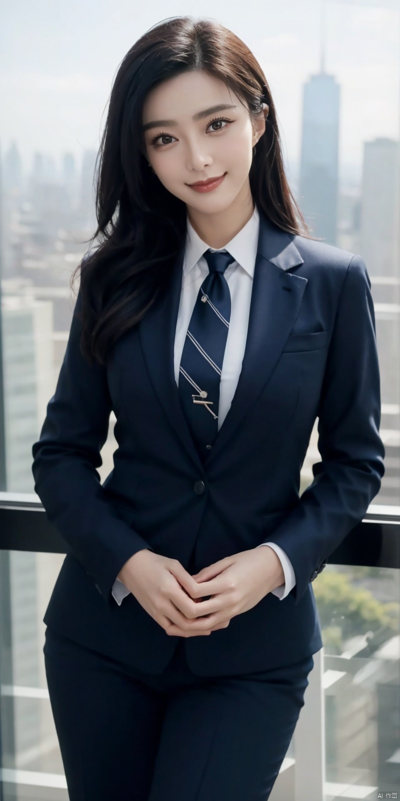  best quality, masterpiece, cowboy_shot,(Good structure), DSLR Quality,Depth of field,kind smile,looking_at_viewer,Dynamic pose, 
Modern businesswoman, dressed in a sleek suit and tie, posing confidently in a modern office setting, cityscape view through the window, focused expression, powerful pose, professional attire, realistic lighting, sharp focus., fanbing