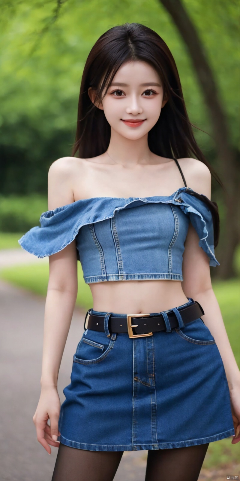  best quality, masterpiece, cowboy_shot,(Good structure), DSLR Quality,Depth of field,kind smile,looking_at_viewer,Dynamic pose,
 1girl, 3d, bare_shoulders, belt, blurry, blurry_background, blurry_foreground, branch, , , , collarbone, cosplay_photo, denim, denim_skirt, depth_of_field, , lips, long_hair, looking_at_viewer, midriff, miniskirt, motion_blur, navel, outdoors, photo_\(medium\), realistic, skirt, solo, standing, tree, , , , blackpantyhose, , , sunyi