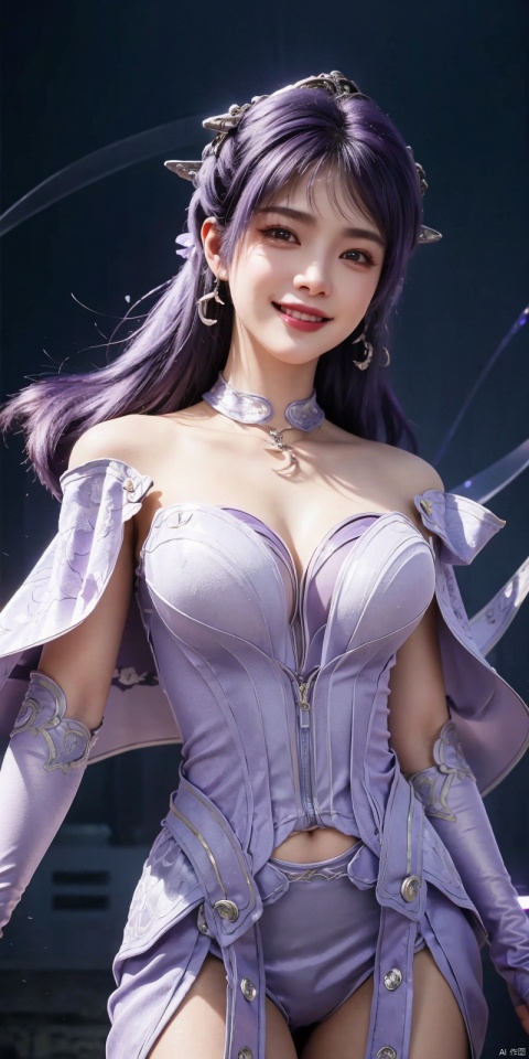 best quality, masterpiece, realistic,cowboy_shot,(Good structure), DSLR Quality,Depth of field,kind smile,looking_at_viewer,Dynamic pose, 
1 girl,(Purple light effect),hair ornament,jewelry,looking at viewer, , , dofas,(ultra-detailed crystallization),transparent crystals, , , , ,  , jiziyue.Purple hair
