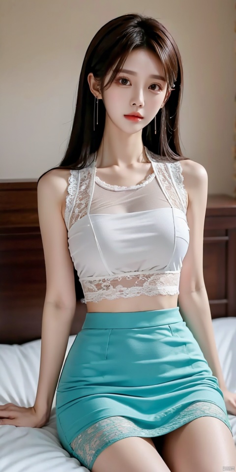  1girl, Lace skirt, on Stomach, bed,aqua_earrings,chang, sunyunzhu, ((poakl))