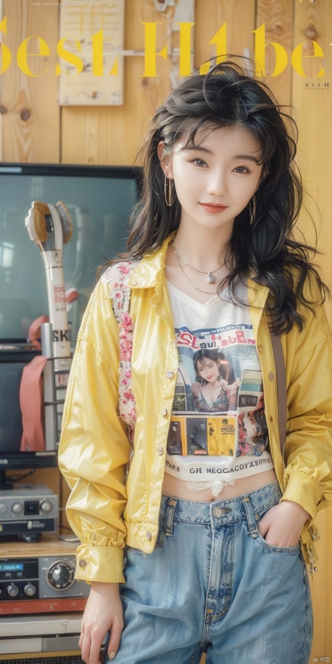  80sDBA style, fashion, (magazine: 1.3), (cover style: 1.3),Best quality, masterpiece, high-resolution, 4K, 1 girl, smile, exquisite makeup,shirt,jean,jacket , lace, tv,boombox
,, , ,long_hair , , manyu