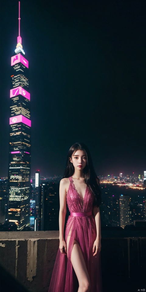  neonpunk style Neon noir leogirl,hANMEIMEI,realistic photography,,On the rooftop of a towering skyscraper,a girl stands,facing the camera directly. Behind her,a multitude of skyscrapers stretches into the distance,creating a breathtaking urban panorama. It's the perfect dusk moment,with the evening sun casting a warm glow on the girl's face,intensifying the scene's impact. The photo captures a sense of awe,with the sharpness and realism making every detail vivid and clear,Hair fluttered in the wind,long hair,halterneck, . cyberpunk, vaporwave, neon, vibes, vibrant, stunningly beautiful, crisp, detailed, sleek, ultramodern, magenta highlights, dark purple shadows, high contrast, cinematic, ultra detailed, intricate, professional, ((poakl)), Light master,, , , lizhien, dress