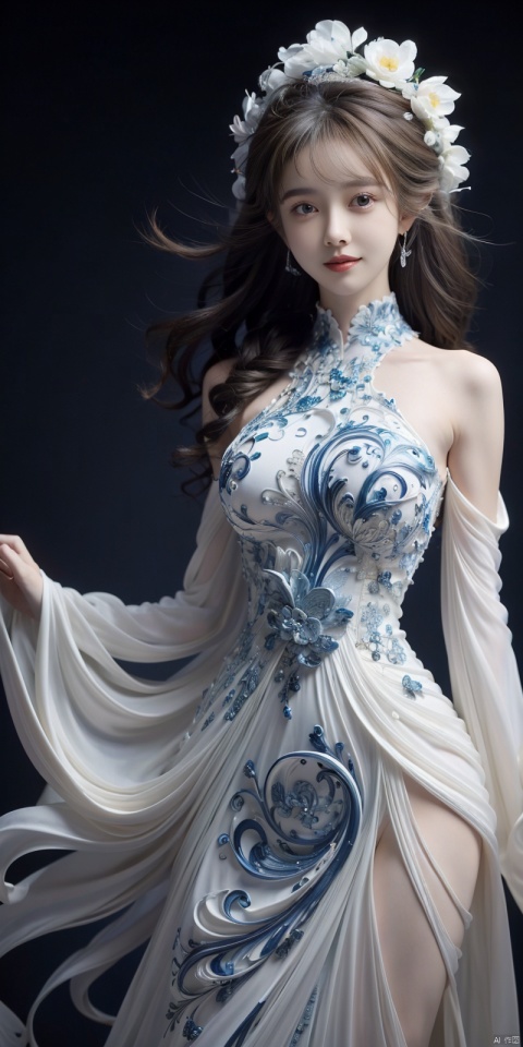  best quality, masterpiece, cowboy_shot,(Good structure), DSLR Quality,Depth of field,kind smile,looking_at_viewer,Dynamic pose, 
(masterpiece),((best quality)),(Ultra Detailed),(Perfect body))),1 girl,(china dress:1.3),long hair,Bare shoulders,Little Smile,Perfect hands,Rich details,Perfect image quality,wide shot,black background,
, tianqing, cute girl,huge dress, cute girl, wangyushan