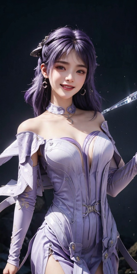  best quality, masterpiece, realistic,cowboy_shot,(Good structure), DSLR Quality,Depth of field,kind smile,looking_at_viewer,Dynamic pose, 
1 girl,(Purple light effect),hair ornament,jewelry,looking at viewer, , , dofas,(ultra-detailed crystallization),transparent crystals, , , , , , jiziyue.Purple hair
