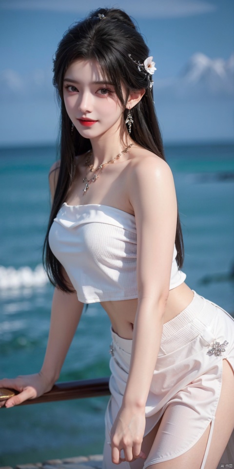  (Good structure),cowboy_shot, DSLR Quality,Depth of field ,looking_at_viewer,Dynamic pose, , kind smile,,
1girl, solo, long hair, , looking at viewer, skirt, hair ornament, bare shoulders, jewelry, , black hair, earrings, outdoors, midriff, water, necklace, lips, crop top, grey eyes, leaning forward, ocean, white skirt, strapless vest, sunset, sun, qingyi, wanglin, yeqinxian, babata