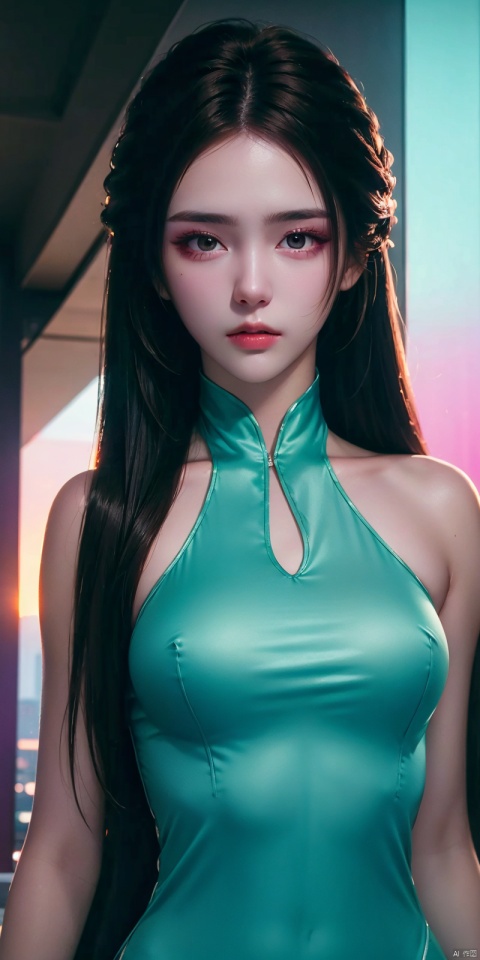 neonpunk style Neon noir leogirl,hANMEIMEI,realistic photography,,On the rooftop of a towering skyscraper,a girl stands,facing the camera directly. Behind her,a multitude of skyscrapers stretches into the distance,creating a breathtaking urban panorama. It's the perfect dusk moment,with the evening sun casting a warm glow on the girl's face,intensifying the scene's impact. The photo captures a sense of awe,with the sharpness and realism making every detail vivid and clear,Hair fluttered in the wind,long hair,halterneck, . cyberpunk, vaporwave, neon, vibes, vibrant, stunningly beautiful, crisp, detailed, sleek, ultramodern, magenta highlights, dark purple shadows, high contrast, cinematic, ultra detailed, intricate, professional, nalanyanran, ((poakl)), Light master
