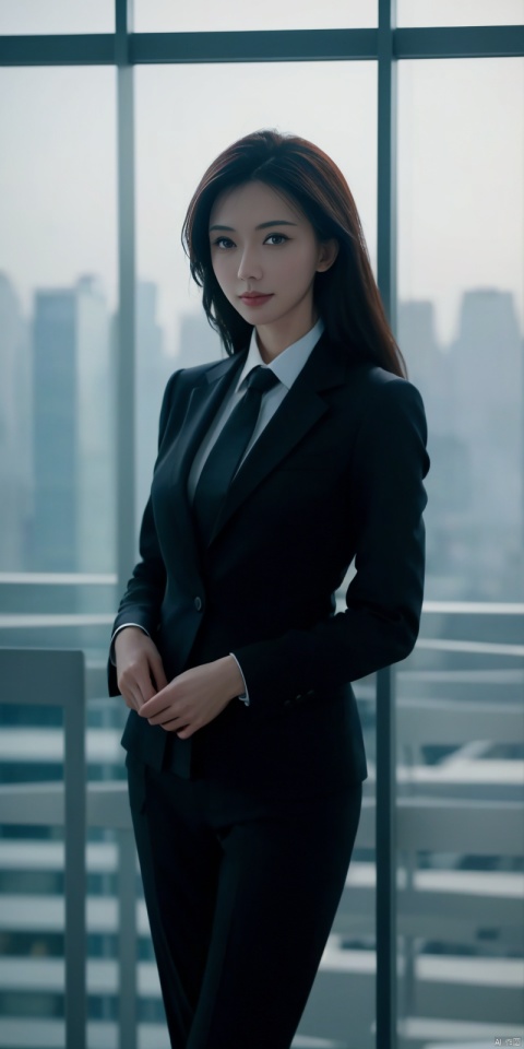  Modern businesswoman, dressed in a sleek suit and tie, posing confidently in a modern office setting, cityscape view through the window, focused expression, powerful pose, professional attire, realistic lighting, sharp focus.