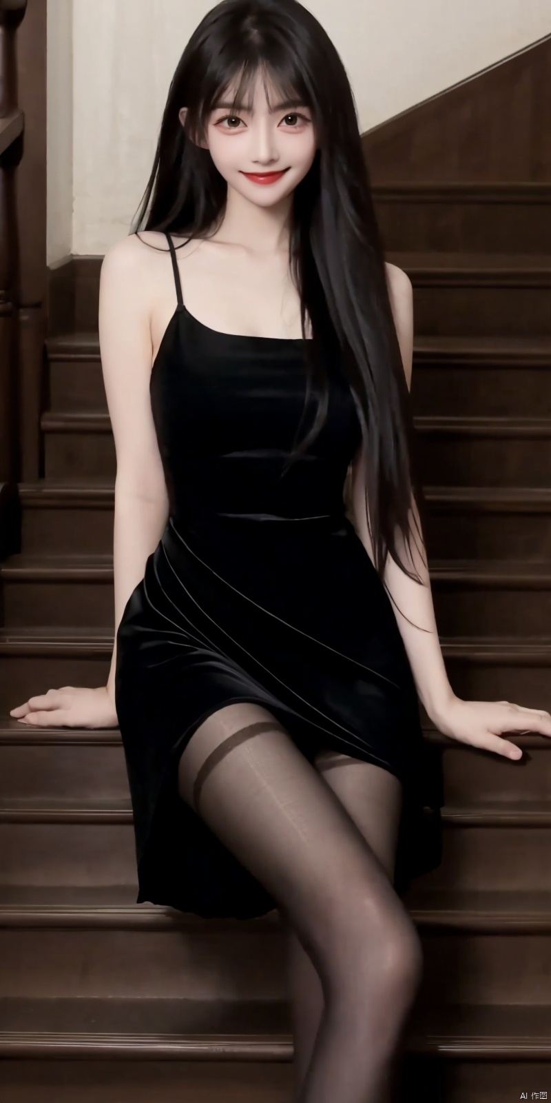  best quality, masterpiece, realistic ,(Good structure), DSLR Quality,Depth of field,kind smile,looking_at_viewer,Dynamic pose, 
1girl, solo, long hair, breasts, black hair, dress,  ,  , sitting, pantyhose, shoes, , see-through, hand on hip, , lipstick, stairs, sitting on stairs,  , , ,  , , fangfang