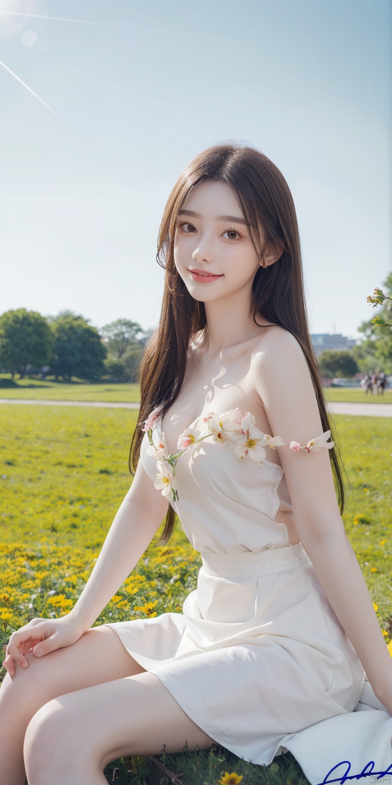  (Good structure),cowboy_shot, DSLR Quality,Depth of field ,looking_at_viewer,Dynamic pose, , kind smile,
best quality, masterpiece, illustration, (reflection light), incredibly absurdres, ((Movie Poster), (signature:1.3), (English text), 1girl, girl middle of flower, pure sky,clear sky, outside, collarbone, sitting, absurdly long hair, clear boundaries of the cloth, white dress, fantastic scenery, ground of flowers, thousand of flowers, colorful flowers, flowers around her, various flowers,bare shoulders,skirt, sandals,,, , tasha