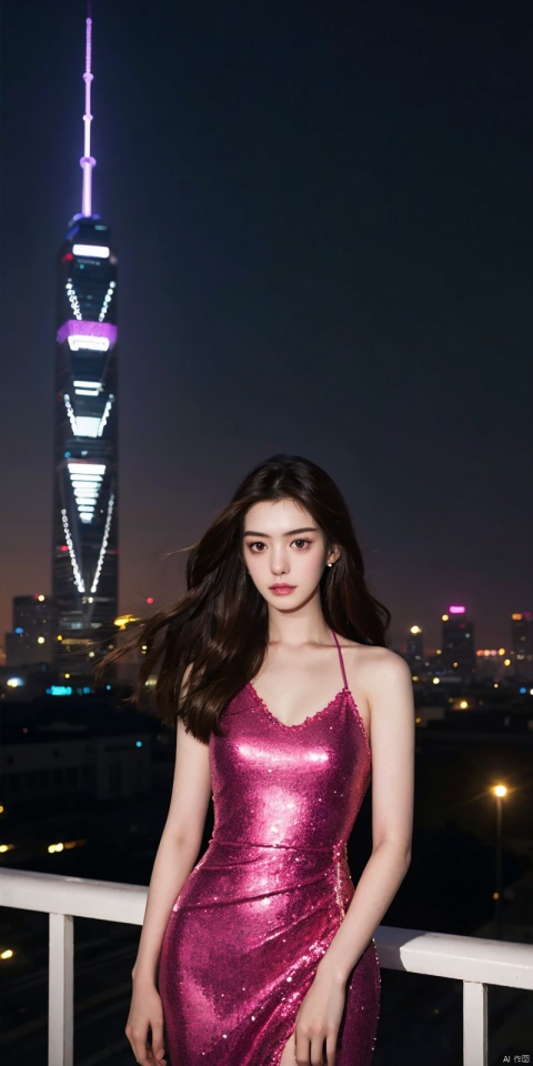  neonpunk style Neon noir leogirl,hANMEIMEI,realistic photography,,On the rooftop of a towering skyscraper,a girl stands,facing the camera directly. Behind her,a multitude of skyscrapers stretches into the distance,creating a breathtaking urban panorama. It's the perfect dusk moment,with the evening sun casting a warm glow on the girl's face,intensifying the scene's impact. The photo captures a sense of awe,with the sharpness and realism making every detail vivid and clear,Hair fluttered in the wind,long hair,halterneck, . cyberpunk, vaporwave, neon, vibes, vibrant, stunningly beautiful, crisp, detailed, sleek, ultramodern, magenta highlights, dark purple shadows, high contrast, cinematic, ultra detailed, intricate, professional, ((poakl)), Light master,, , , , dress, blue dress, , anni