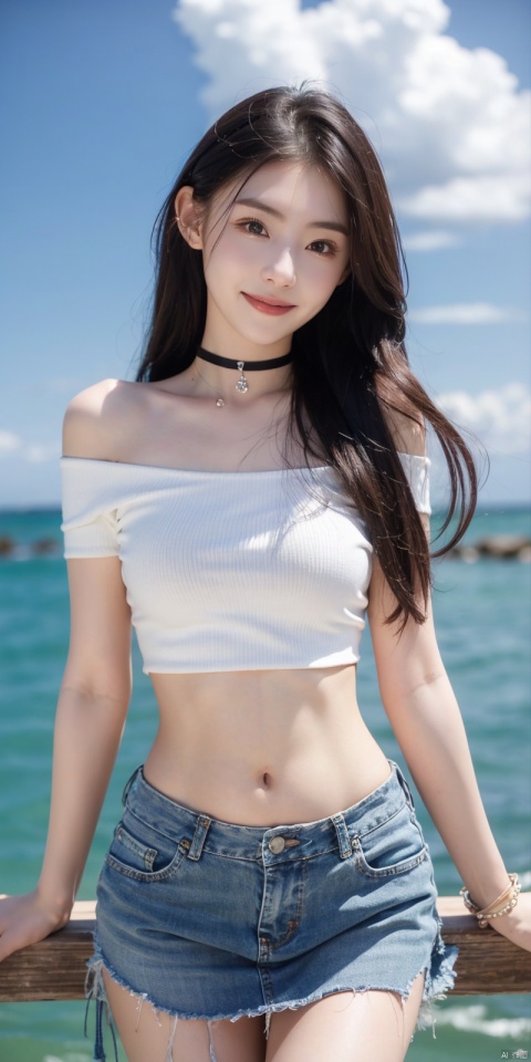  cowboy_shot,(Good structure), DSLR Quality,Short skirt,Blue sky, white clouds, ocean, nai3, 1girl, solo, crop top, , choker, navel, shirt, midriff, crop top overhang, looking at viewer, white shirt, jewelry, breasts, bare shoulders, off-shoulder shirt, off shoulder, black choker, thighs, stomach, long hair, bracelet, short sleeves, ribbon, hand up, collarbone, hair ribbon, medium breasts, , bra strap, , hair ornament, thigh gap, necklace, expressionless, , ,kind smile, ,, yunv