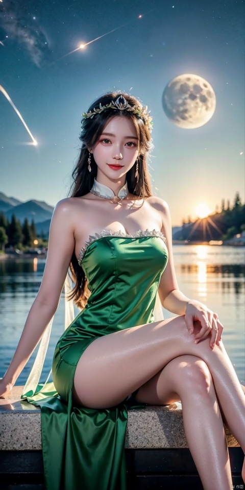  cowboy_shot,(Good structure), DSLR Quality,Girl, bare legs, black hair, (light green strapless tulle dress) , crossed legs, clothes, earth (planet) , Meteor, beautiful night sky, flowers, full moon, lake, lips, long hair, moon, night, ocean, petals, planet, coast, sitting, feet soaked, solo, very long hair, water, , kind smile, 1girl, dress, ((poakl)), , liushen