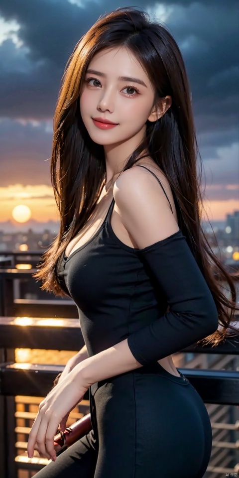 (Good structure),cowboy_shot, DSLR Quality,Depth of field ,looking_at_viewer,Dynamic pose, , kind smile,,Frontal photography,Look front,evening,dark clouds,the setting sun,On the city rooftop,1girl,Black top,Black Leggings,black hair,long hair, dark theme, muted tones, pastel colors, high contrast, (natural skin texture, A dim light, high clarity) ((sky background))((Facial highlights)),cleavage cutout, yuanyuan, 1girl