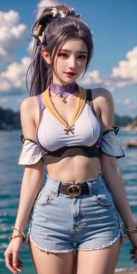 cowboy_shot,(Good structure),, Blue sky, white clouds, ocean,nai3, 1girl, shorts, solo, crop top, black shorts, choker, navel, shirt, midriff, crop top overhang, looking at viewer, white shirt, jewelry, breasts, bare shoulders, short shorts, off-shoulder shirt, off shoulder, black choker, thighs, stomach, hand on own thigh, long hair, bracelet, short sleeves, ribbon, hand up, collarbone, hair ribbon, medium breasts, standing, high-waist shorts, dolphin shorts, bra strap, , hair ornament, thigh gap, necklace, expressionless, , ,kind smile, , , hanyue, high ponytail, purple hair,