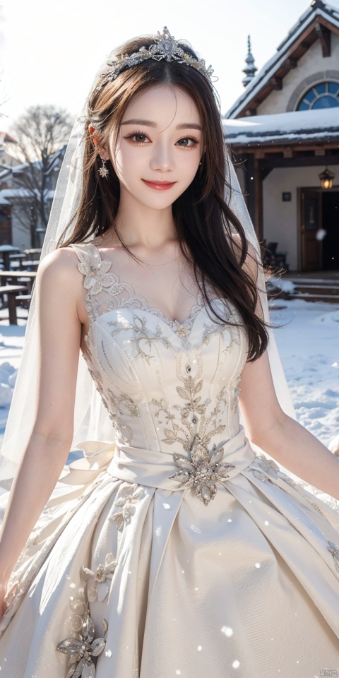  (Good structure),cowboy_shot, DSLR Quality,Depth of field ,looking_at_viewer,Dynamic pose, , kind smile,,  Snow, sunrise
 , weddingdress, , , , , ,  dililengba