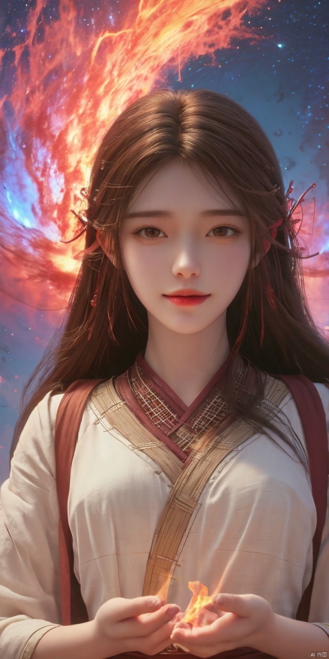  kind smile,looking_at_viewer,masterpiece, 1 girl, Look at me, Long hair, Flame, A magical scene, glowing, Floating hair, realistic, Nebula, An incredible picture, The magic array behind it, Stand, textured skin, super detail, best quality, , huolinger,dress, 1girl, qingyi, yunxi