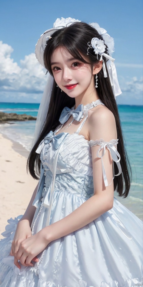  (Good structure), DSLR Quality,Depth of field,kind smile,looking_at_viewer,Dynamic pose, ,(wariza),,Girl, bare shoulders, , boobs, bow tie ,black eyes, collar, Blue sky, white clouds, beaches, seawater, crystal stones,((Lolita Dress: 1.4)) , blue and white Lolita dress, wrinkled leg outfit, hand-held, lips, nose, shoulders, , alone, long_hair, kind smile, looking at the audience, white leg costume, wrist cuffs, 1girl,,looking_at_viewer, , lolidress, qingyi,dress