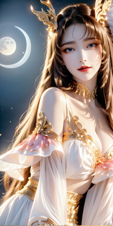 cowboy shot,(Good structure), DSLR Quality,Depth of field,kind smile,looking_at_viewer,Dynamic pose,,1girl, bare_shoulders, bug, butterfly, cleavage, cloud, crescent_moon, full_moon, hair_ornament, lips, long_hair, looking_at_viewer, medium_breasts, moon, moonlight, night, night_sky, red_lips, kneeling, sky, solo, star_\(sky\), starry_sky, sun,,,,  tianhu