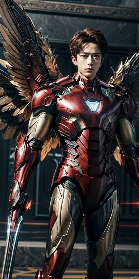  (best illumination, best shadow, extremely delicate and beautiful), (official art, beautiful and aesthetic:1.2), 1boy,gangtiexia,,solo,standing,armor,power armor,glowing,male focus,superhero,weapon,wings, ((poakl)), asuo