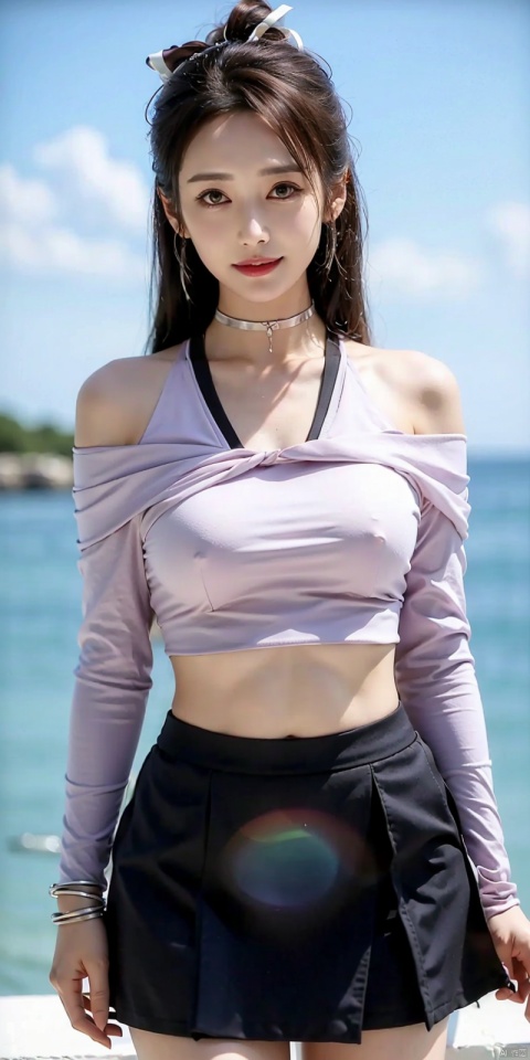 best quality, masterpiece, cowboy_shot,(Good structure), DSLR Quality,Depth of field,kind smile,looking_at_viewer,Dynamic pose,
, DSLR Quality,Short skirt,Blue sky, white clouds, ocean, nai3, 1girl, solo, crop top, , choker, navel, shirt, midriff, crop top overhang, looking at viewer, white shirt, jewelry, breasts, bare shoulders, off-shoulder shirt, off shoulder, black choker, thighs, stomach, long hair, bracelet, short sleeves, ribbon, hand up, collarbone, hair ribbon, medium breasts, , bra strap, , hair ornament, thigh gap, necklace, expressionless, , , , , lichun