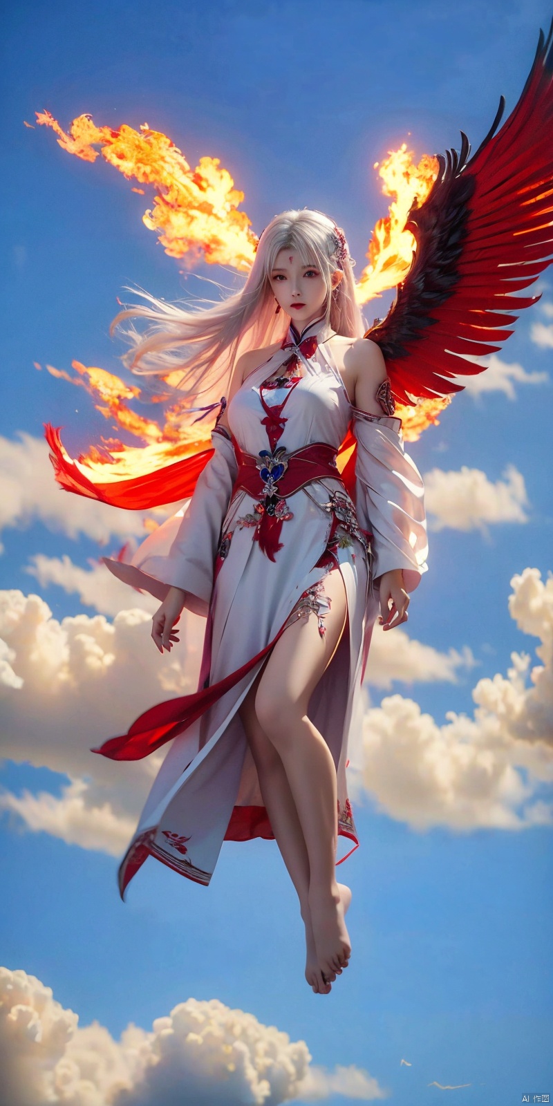  (Good structure), DSLR Quality,1girl, 
(red fire,magic),(glowing eyes:1.3), 
chest,electricity, lightning,
white magic, aura,,
Front view,air,cloud,
backlight,looking at viewer,,white hair
very long hair,hair flowe

(bare feet,:1.2)(flying in the sky:1.6),(Stepping on the clouds:1.2),(Red Angel Wings:1.2), wings,((poakl)), xiaoyixian,white hair