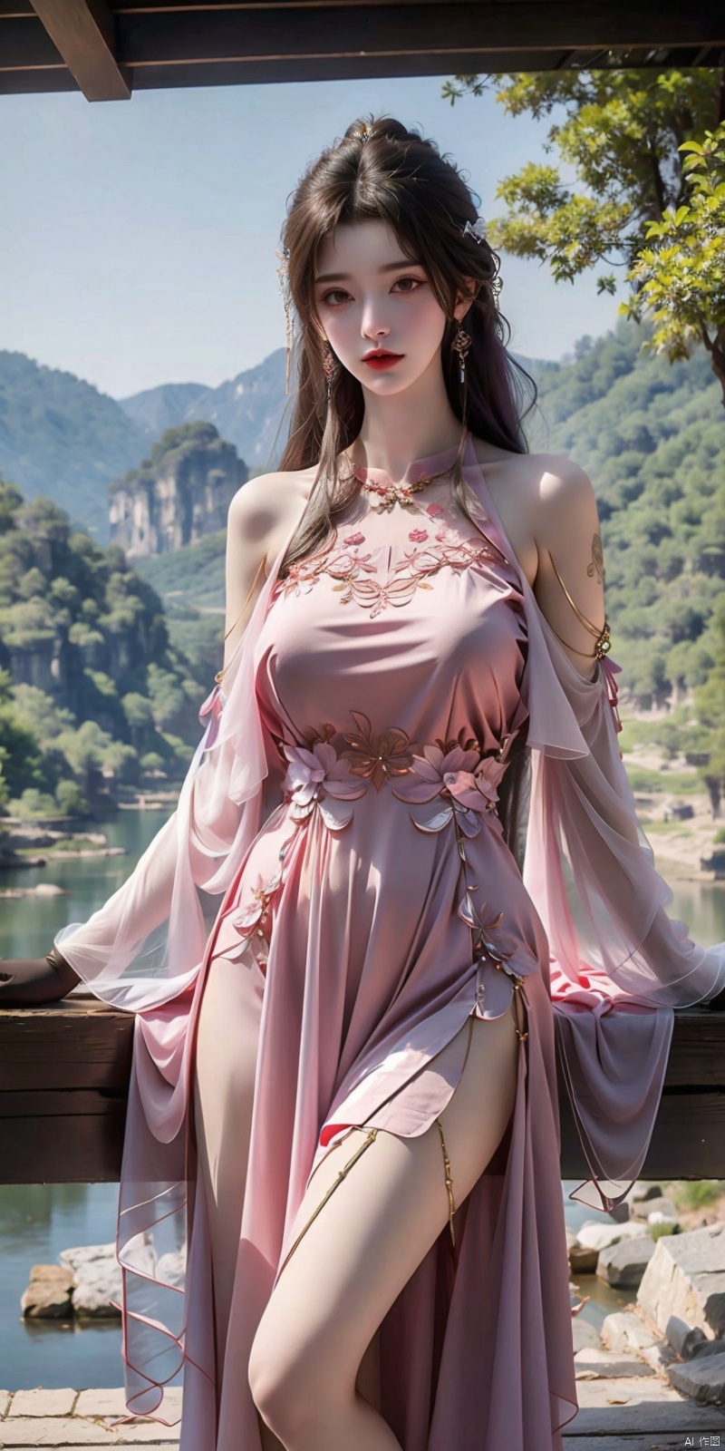  masterpiece, best quality, partially unbuttoned,looking_at_viewer, 1girl,pubic tattoo on underbelly, huge_filesize, wallpaper, incredibly_absurdres, real, realistic,In the canyon,(Rivers),((giantess)),Beauty,Filter effect, hair over shoulder, purple silver hair, wavy hair, heterochromia blue red, heart-shaped pupils, huge breasts,China Xianxia Dress,Guofeng dress,High heels, 