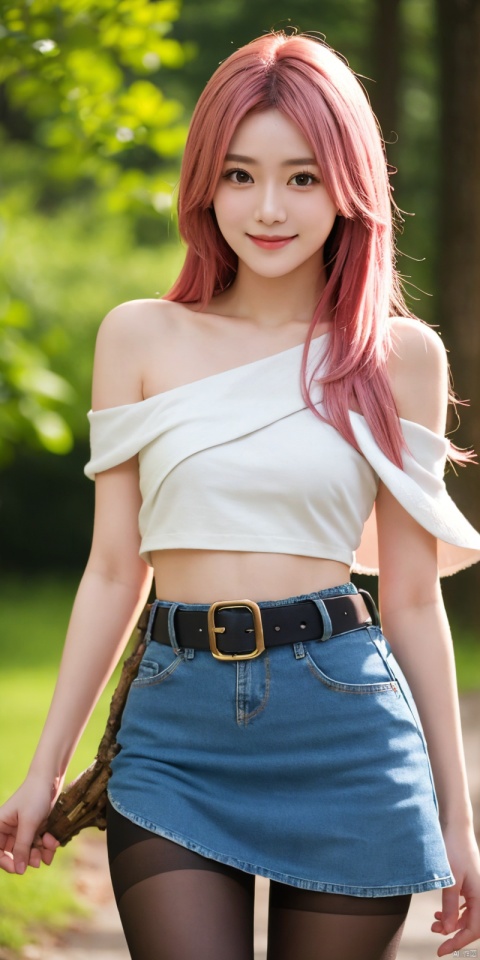  best quality, masterpiece, cowboy_shot,(Good structure), DSLR Quality,Depth of field,kind smile,looking_at_viewer,Dynamic pose,
 1girl, 3d, bare_shoulders, belt, blurry, blurry_background, blurry_foreground, branch, , , , collarbone, cosplay_photo, denim, denim_skirt, depth_of_field, , lips, long_hair, looking_at_viewer, midriff, miniskirt, motion_blur, navel, outdoors, photo_\(medium\), realistic, skirt, solo, standing, tree, , , , blackpantyhose, , yae miko,pink hair