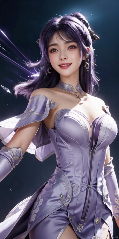 best quality, masterpiece, realistic,cowboy_shot,(Good structure), DSLR Quality,Depth of field,kind smile,looking_at_viewer,Dynamic pose, 
1 girl,(Purple light effect),hair ornament,jewelry,looking at viewer, , , dofas,(ultra-detailed crystallization),transparent crystals, , , , ,  , jiziyue.Purple hair
