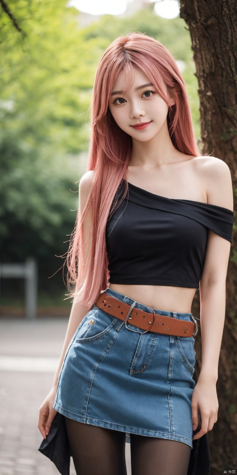  best quality, masterpiece, cowboy_shot,(Good structure), DSLR Quality,Depth of field,kind smile,looking_at_viewer,Dynamic pose,
 1girl, 3d, bare_shoulders, belt, blurry, blurry_background, blurry_foreground, branch, , , , collarbone, cosplay_photo, denim, denim_skirt, depth_of_field, , lips, long_hair, looking_at_viewer, midriff, miniskirt, motion_blur, navel, outdoors, photo_\(medium\), realistic, skirt, solo, standing, tree, , , , blackpantyhose, , yae miko,pink hair