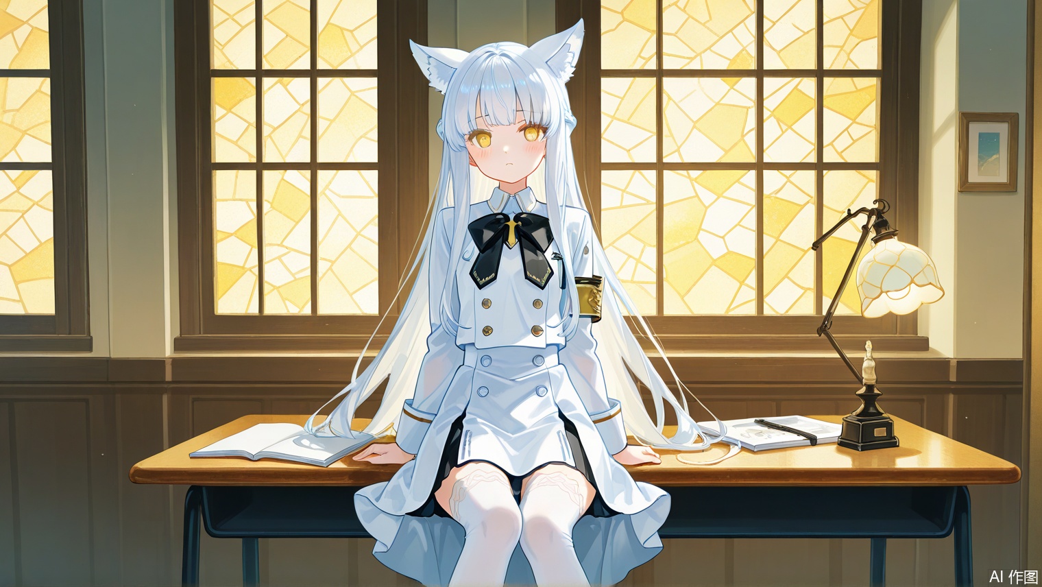 // 核心构图(academic_art_study:1.6), 1girl, solo, sitting, 
[classroom_ambiance:1.4][vintage_desk inkwell],

// 角色特征(pearl_complexion:1.5)[soft_blush], 
(cerulean_eyes:1.3)[thoughtful_gaze],
(platinum_cascade:1.4)[
  twin_braids:1.0,
  ribbon_lock:0.8
],

// 服饰系统(reimagined_uniform:1.7)[
  main:[
    deconstructed_blouse:1.3[
      layered_transparency,
      rain_embroidery
    ],
    hybrid_skirt:1.2[
      tech_twill_fabric,
      geometric_pleats
    ]
  ],
  accessories:[
    scholar_bowtie:1.0[obsidian_clasp],
    art_portfolio:0.9[leather_roll]
  ],
  legwear:[
    gradient_hosiery:1.5[
      ombre_effect:0.8,
      sculptural_sheen
    ]
  ]
],

// 环境叙事(monsoon_aesthetics:1.6)[
  window_system:[
    raindrop_traces:1.2,
    stained_glass_filter
  ],
  desk_scene:[
    watercolor_palette:1.0,
    sketchbook_spread:0.7
  ]
],

// 艺术化处理(impressionist_rain:1.5)[
  fabric_interaction:[
    water_suspension_beads,
    silk_adhesion_pattern
  ],
  lighting_system:[
    diffused_gloom:1.1,
    pearl_refraction:0.9
  ]
],

// 画质参数(pre-raphaelite_detail:1.8), 
oil_painting_texture, canvas_grain