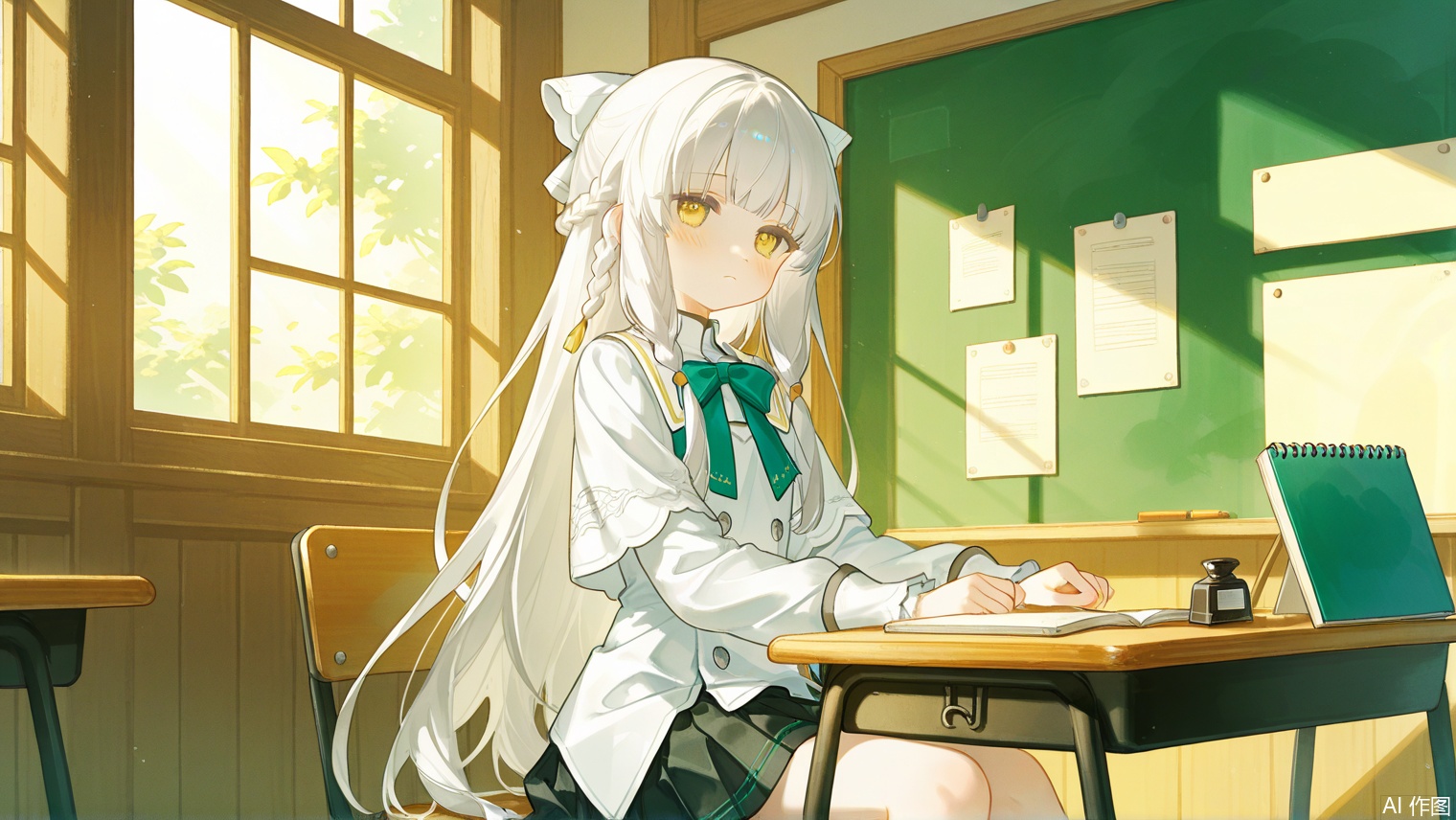 // 核心构图(academic_art_study:1.6), 1girl, solo, sitting, 
[classroom_ambiance:1.4][vintage_desk inkwell],

// 角色特征(pearl_complexion:1.5)[soft_blush], 
(cerulean_eyes:1.2)[thoughtful_gaze],
(platinum_cascade:1.4)[
  twin_braids:1.0,
  ribbon_lock:0.8
],

// 服饰系统(reimagined_uniform:1.7)[
  main:[
    deconstructed_blouse:1.3[
      layered_transparency,
      rain_embroidery
    ],
    hybrid_skirt:1.2[
      tech_twill_fabric,
      geometric_pleats
    ]
  ],
  accessories:[
    scholar_bowtie:1.0[obsidian_clasp],
    art_portfolio:0.9[leather_roll]
  ],
  legwear:[
    gradient_hosiery:1.5[
      ombre_effect:0.8,
      sculptural_sheen
    ]
  ]
],

// 环境叙事(monsoon_aesthetics:1.6)[
  window_system:[
    raindrop_traces:1.2,
    stained_glass_filter
  ],
  desk_scene:[
    watercolor_palette:1.0,
    sketchbook_spread:0.7
  ]
],

// 艺术化处理(impressionist_rain:1.5)[
  fabric_interaction:[
    water_suspension_beads,
    silk_adhesion_pattern
  ],
  lighting_system:[
    diffused_gloom:1.1,
    pearl_refraction:0.9
  ]
],

// 画质参数(pre-raphaelite_detail:1.8), 
oil_painting_texture, canvas_grain