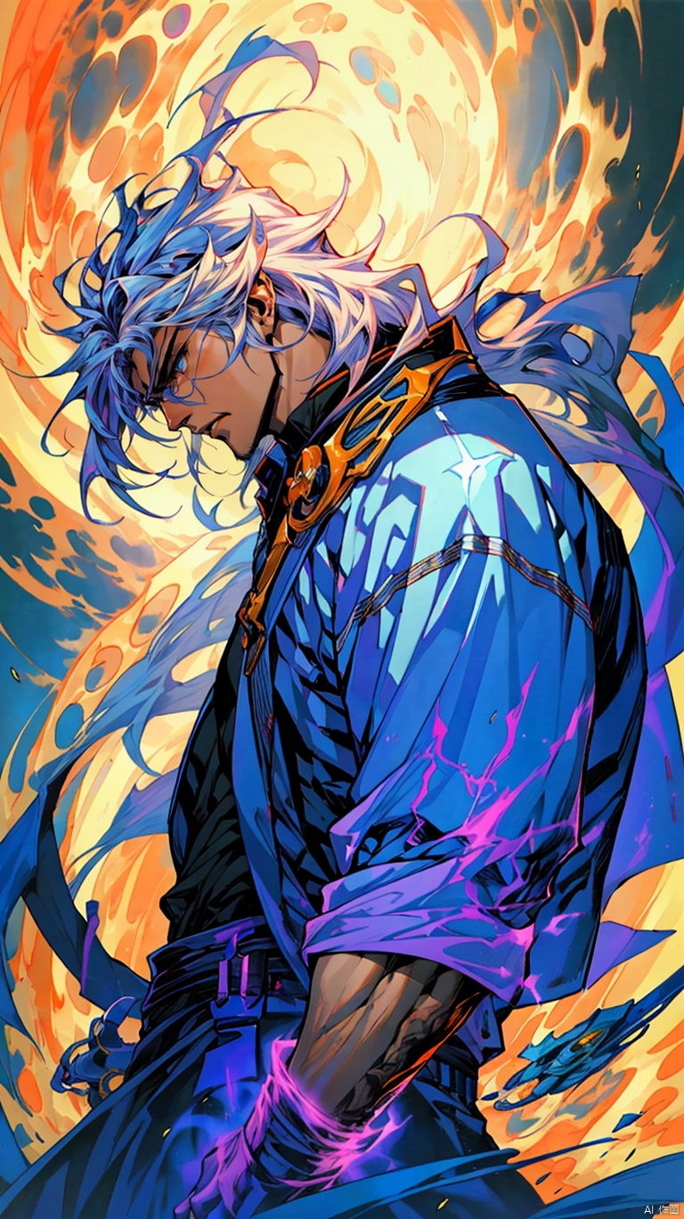 Solo, masterpiece, highest quality, highest resolution, good composition, 1 male, long white hair flowing, profile shot, angry eyes, three-dimensional handsome facial features, Hong Kong comic style, palms open, controlling blue glowing magic, surrounded by magical aura arm